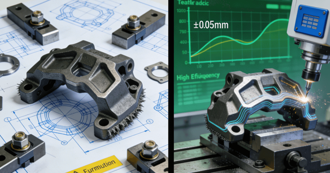 Diagram comparing the process of 3-axis CNC machining requiring multiple setups to 5-axis CNC machining achieving complete part in one setup.