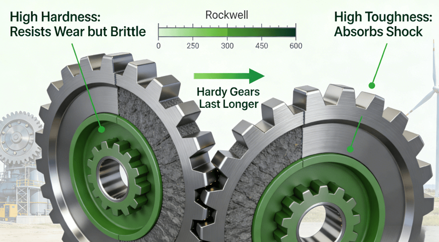Diagram illustrating the balance between hardness and toughness in gear materials, with Rockwell scale data and wordplay like Hardy Gears for durability