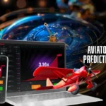 Aviator prediction concept showing multipliers 17.23x and 3.16x on mobile and laptop screens with red airplane and futuristic timing system background