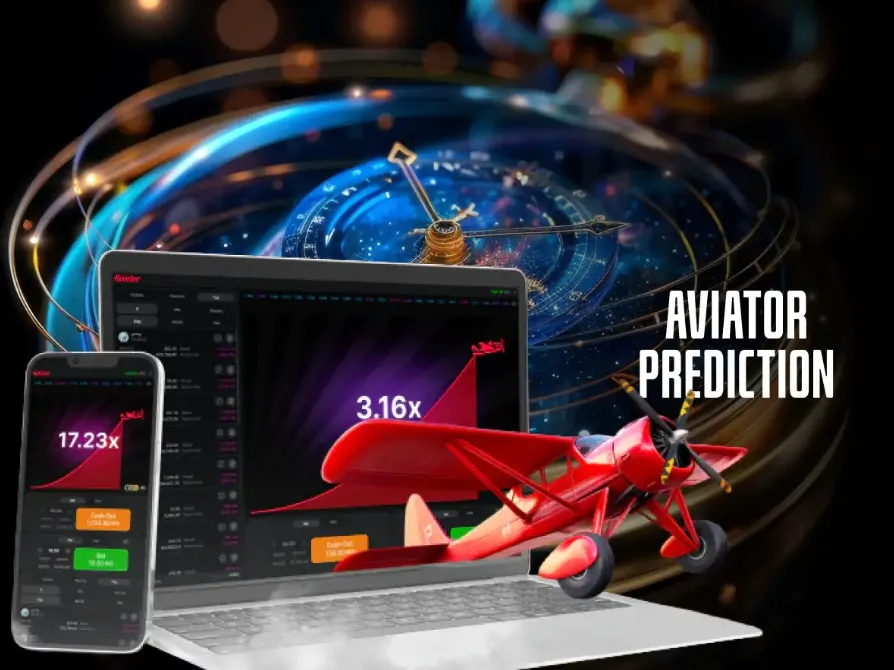 Aviator prediction concept showing multipliers 17.23x and 3.16x on mobile and laptop screens with red airplane and futuristic timing system background