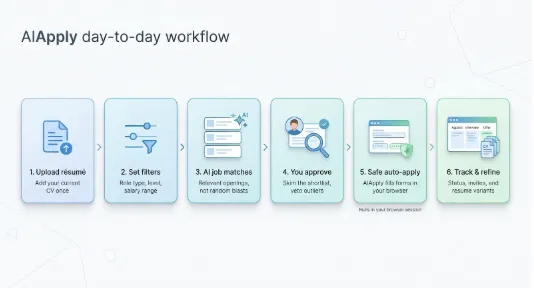 AIApply homepage screenshot showing smart automation features
What sets it apart
AIApply’s first trick is precise targeting. On its homepage, https://aiapply.co shows more than 1.1 million users already betting on that accuracy. Instead of blasting every listing, the engine scans thousands of openings and surfaces only those that match your skills and salary goals. When you approve a role, the system rewrites your résumé and cover letter on the spot, injecting keywords from the description and highlighting relevant wins. Each submission looks hand crafted because, in effect, it is, just assembled by GPT-powered logic instead of late-night copy-paste sessions.
That quality focus matters. Analyses of bulk auto-apply show generic blasts convert to interviews only two to three percent of the time, whereas customised applications jump to the 10-to-15-percent range, according to a 2024 Sprad analysis.
Live coaching in your ear
Sending stronger applications is half the battle; nailing the interview is the clincher. AIApply’s Interview Buddy streams talking points and STAR-style bullet prompts to your screen or discreetly to an earpiece while you speak. It listens locally, offers real-time guidance, and even generates an instant transcript with filler-word stats once the call ends. Think of it as an experienced friend whispering reminders about metrics and success stories just before you answer.
Day-to-day workflow
Onboarding takes about ten minutes. Upload your current résumé, tick the job-type and salary boxes, then let the engine fetch matches. You skim the shortlist, veto any outliers, and hit “Apply.” From there, AIApply handles every field, attachment, and confirmation email using your own browser session, so LinkedIn sees normal human behaviour, not a suspicious cloud bot.